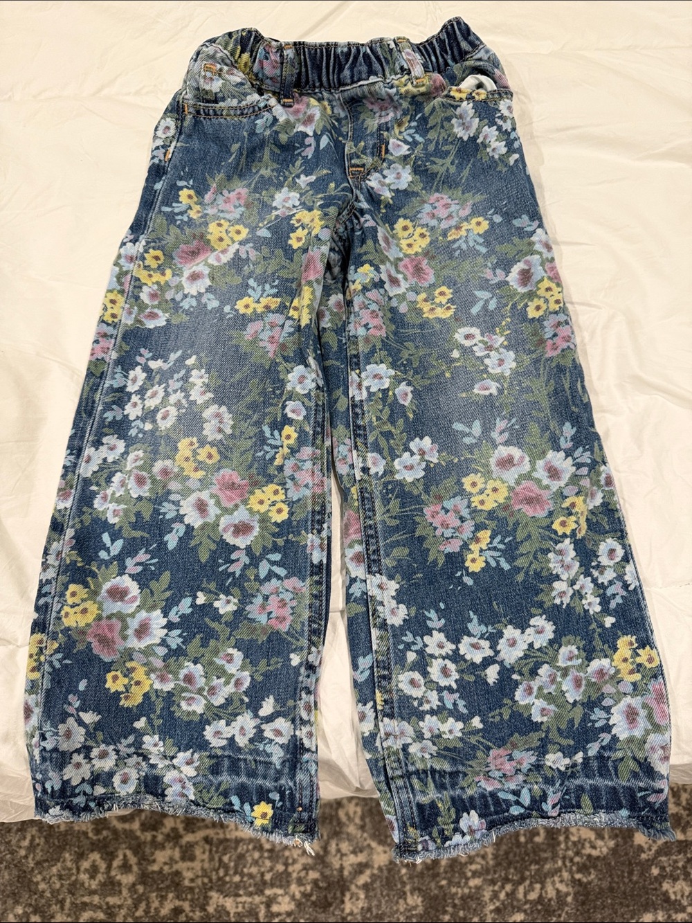 GAP Floral Wide-Leg Denim Pants - Blue with Pink, Yellow & Green